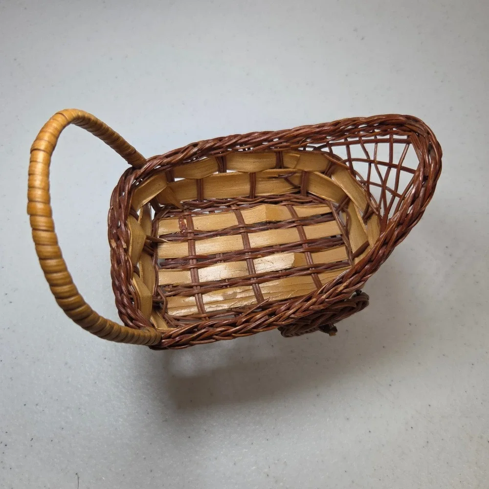 Vintage‎ Miniature Wicker Basket Wagon Small Decorative Cart Brown Wood